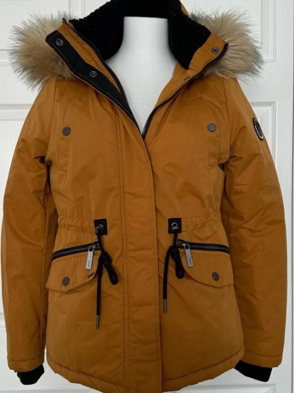 Superdry Women's Mustard Quilted Puffer Jacket with Faux-Fur Hood